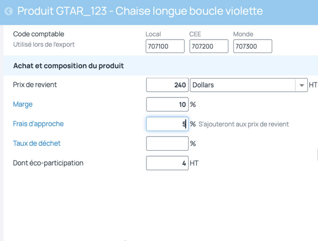 Ajouter des codes comptables produits par zone géographique