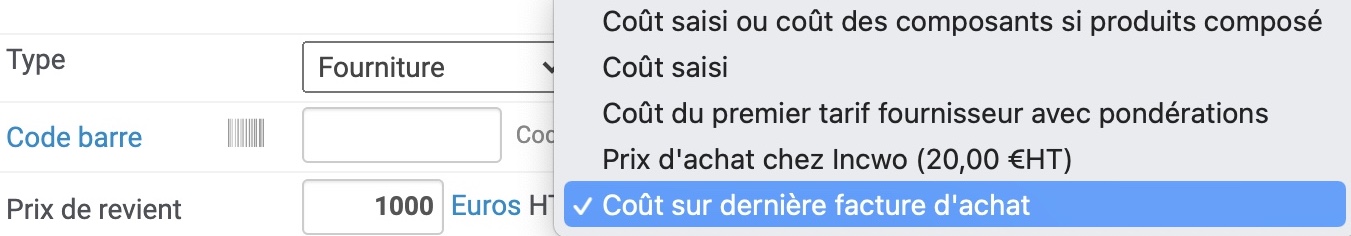 Réglage automatique du coût des produits au prix d’achat