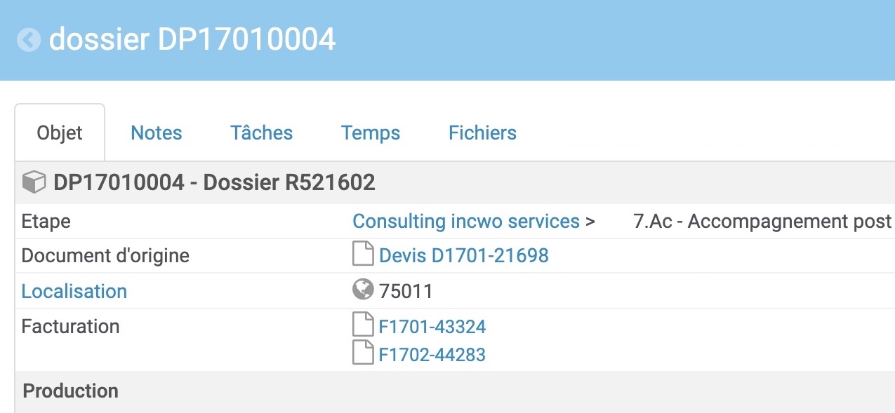 De nouveaux onglets sur les dossiers de production