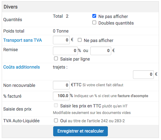 choix de la remise en pourcentage ou en monnaie sur le total de la facture
