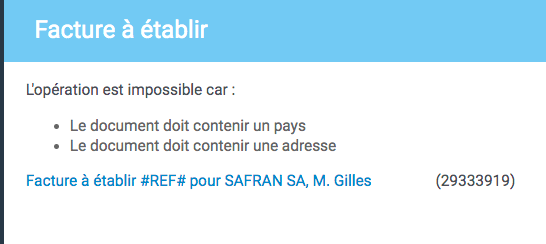 Message d'erreur suite adresse du tiers facturé incomplète.