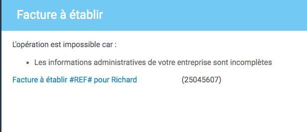 Message d'erreur indiquant que les données de l'entreprise sont manquantes
