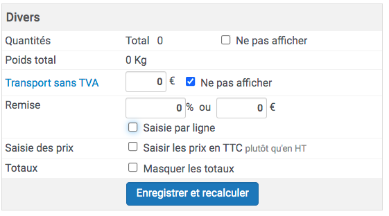 Le bloc "Divers" du devis permet l'ajout d'une remise sur le total du document commercial