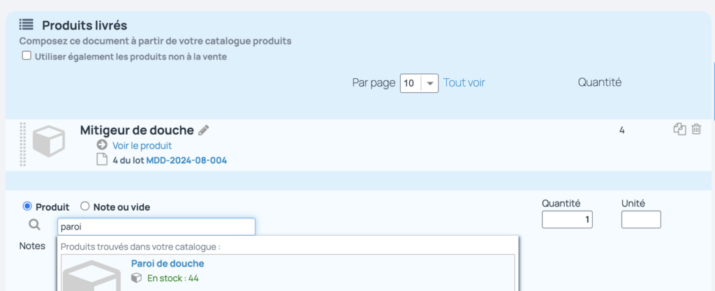 Ajouter un produit sur un bon de livraison
