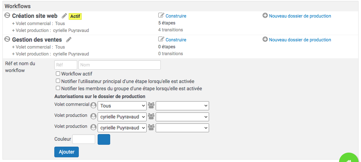 première étape, création du workflow avec ses propres réglages puis construction