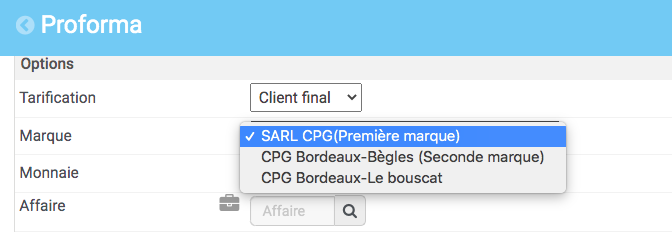 lors de l'élaboration du devis ou de la facture, choix de la marque à afficher