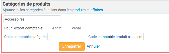 La réglage sur la catégorie de produit du code comptable permet de l'affecter à tous les produits présent dans la catégorie