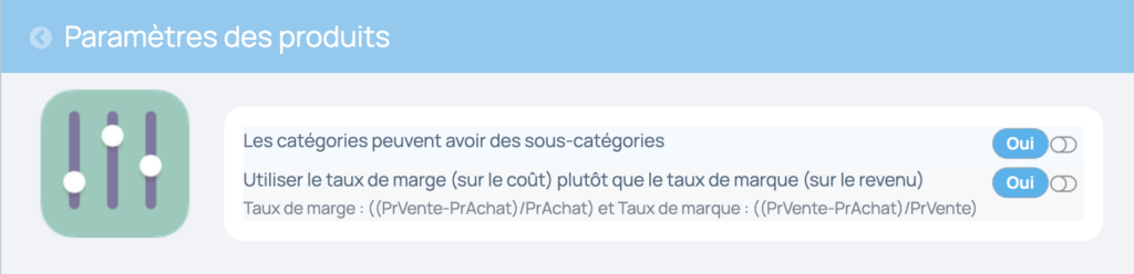 un réglage présent dans les paramètres du catalogue produit ou sur l'app marge commerciale par article permet de régler la formule de calcul de la marge produit