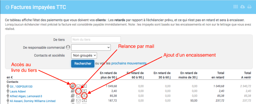 tableau avec les tiers ayant des factures en attente de règlement