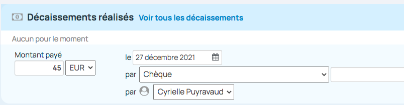 Le bloc "Décaissement réalisé" permet l'ajout du paiement sur l'achat