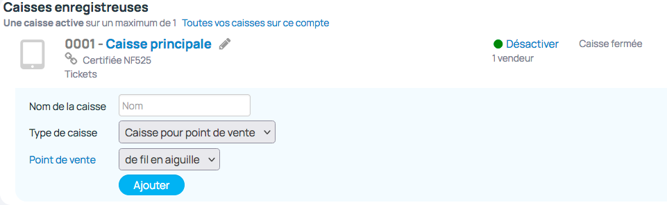 Renseignement du nom de la caisse et du point de vente pour la création d'une nouvelle caisse enregistreuse