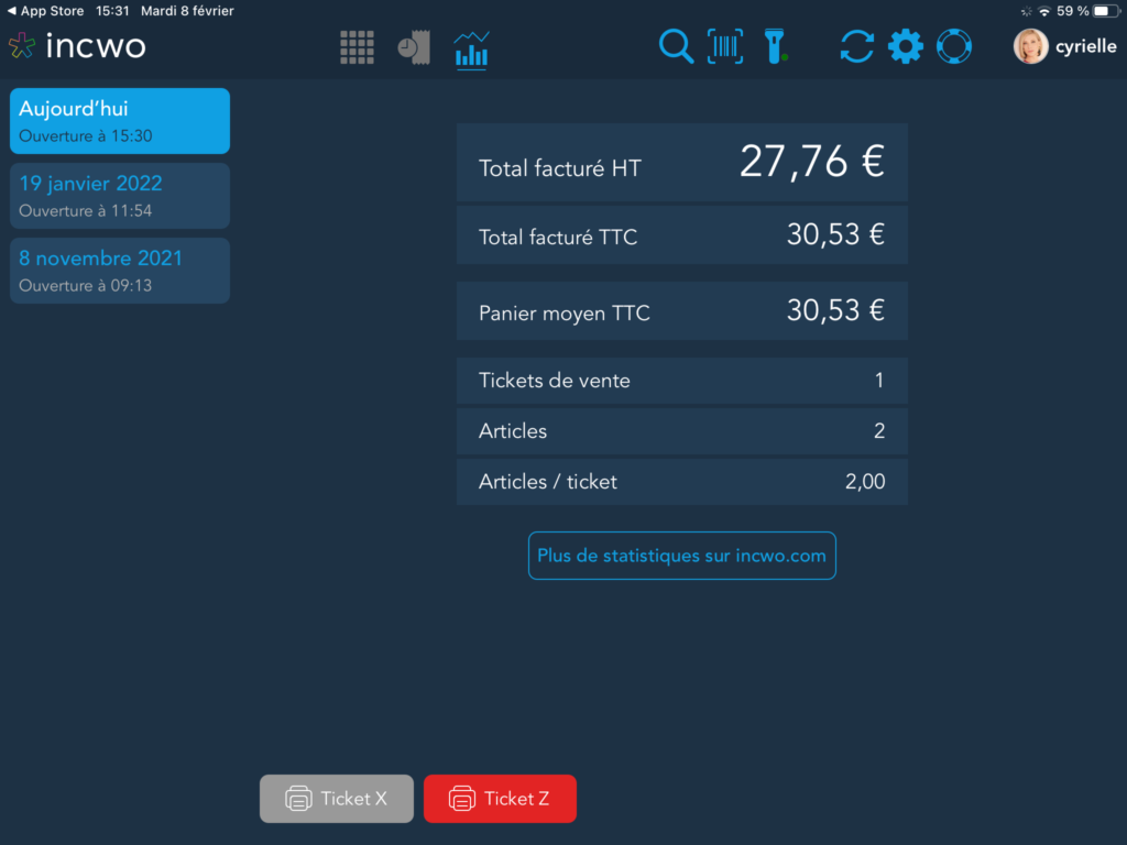Générer le ticket Z en cliquant sur le bouton rouge depuis la caisse