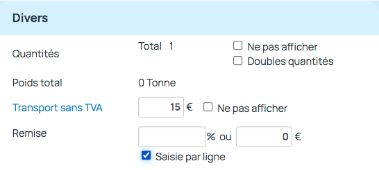 La remise par ligne d'article est proposé grâce à la case "Saisie par ligne" dans le bloc Divers