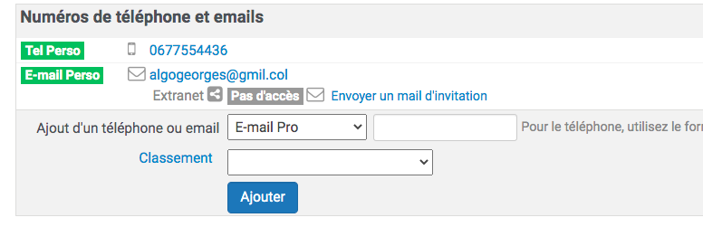 inviter sur l'extranet depuis la fiche du contact