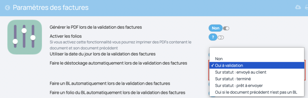 la sortie de stock peut être automatique en fonction du réglage réalisé sur les paramètres des factures