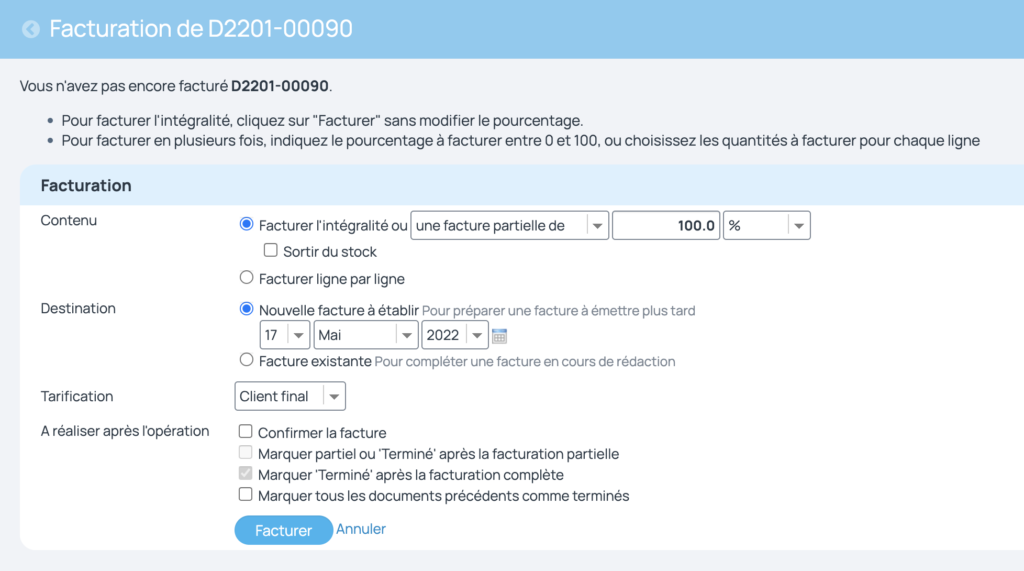 facturation partielle ou intégrale du devis