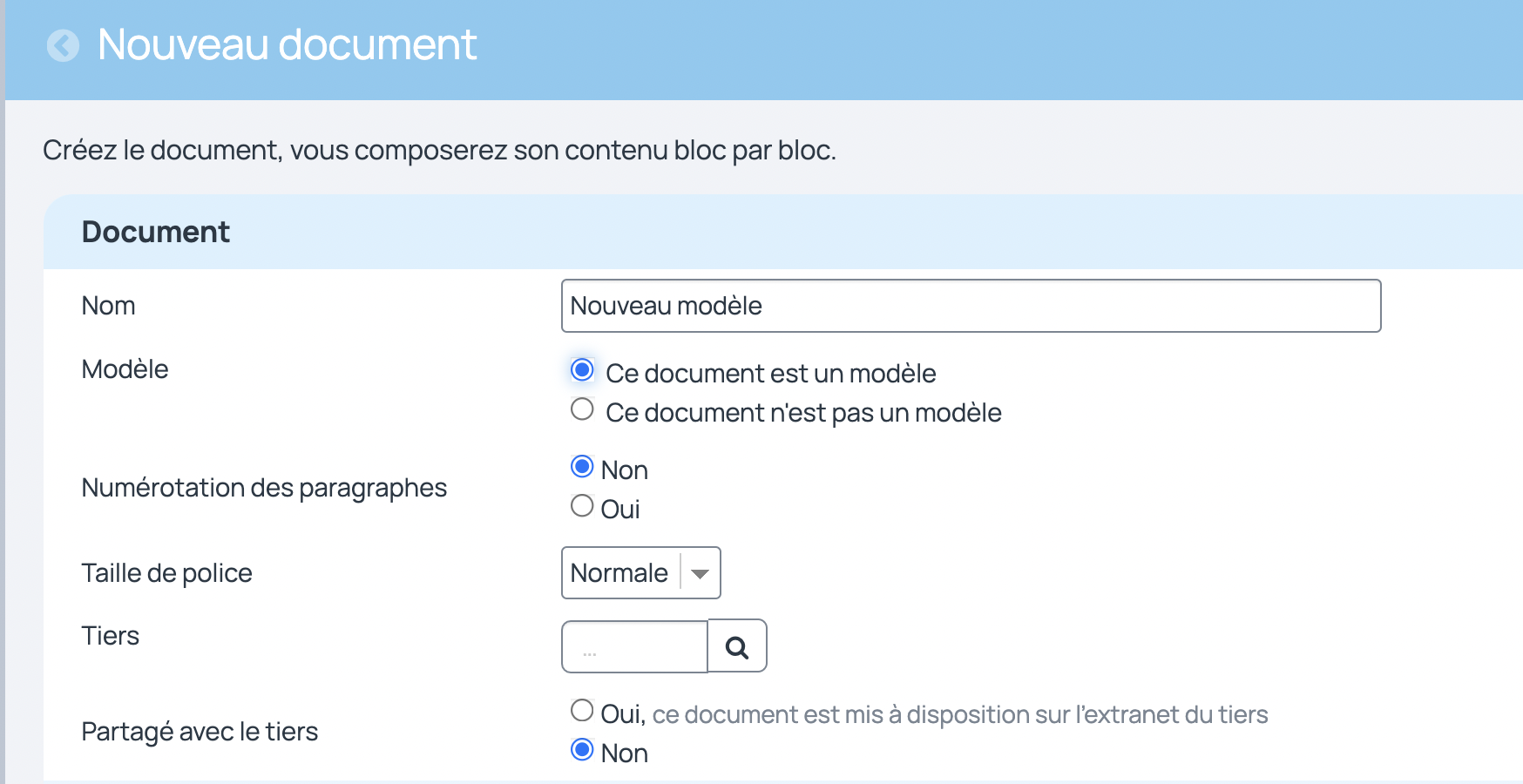 Le document créé doit comporter un titre et il faut désigner s'il s'agit d'un modèle