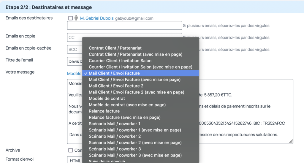 dans la liste, il faut choisir le modèle à utiliser puis le modifier si besoin pour envoyer le message