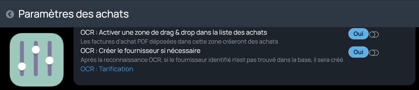 Paramètres OCR pour les achats