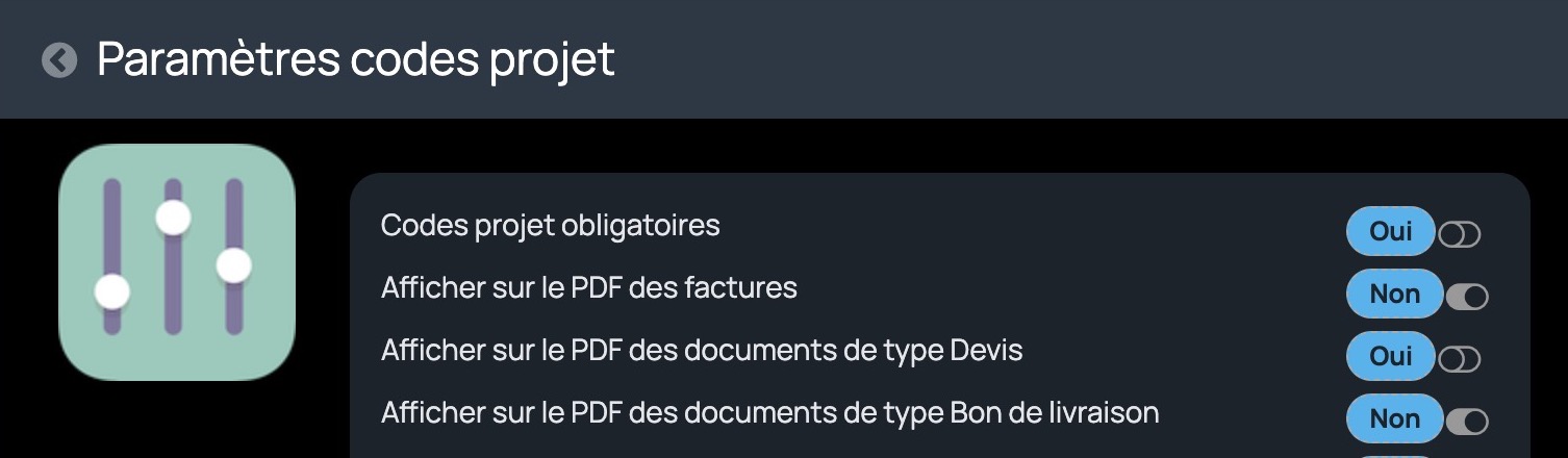 Paramètres codes projets dans incwo