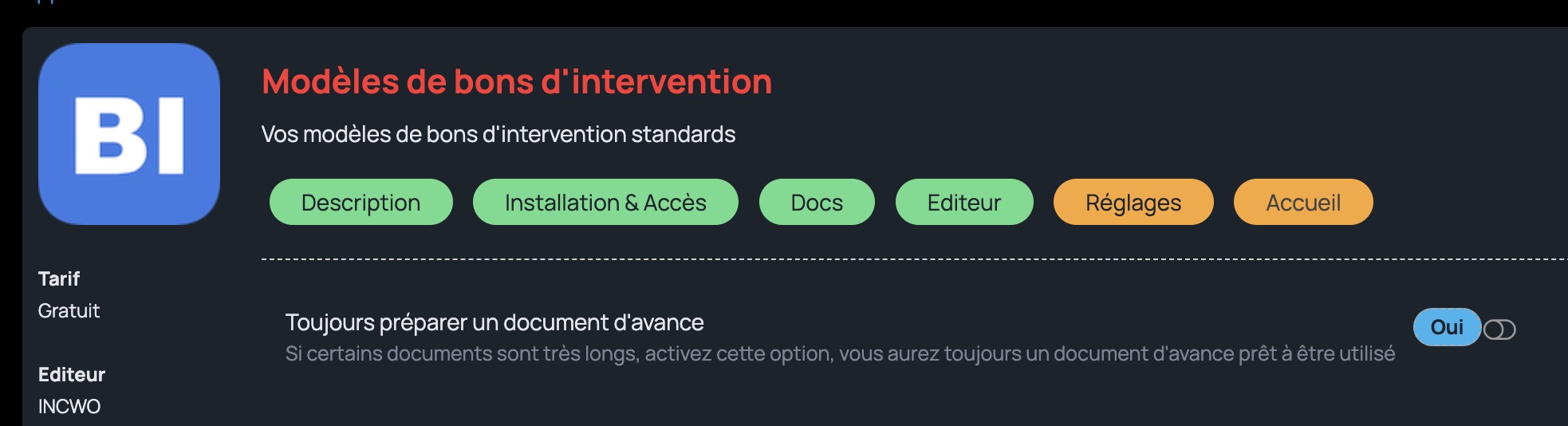 App Modèle de bons d’intervention dans incwo