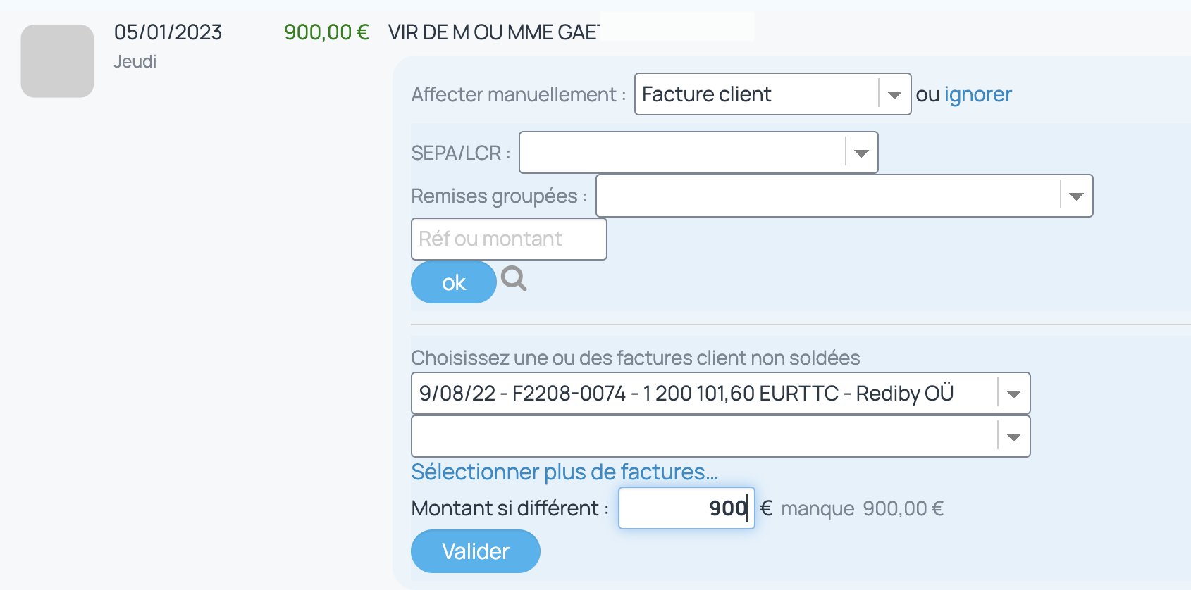 Détermination du montant réglé sur la facture grâce à l'affectation bancaire dans le cas où la ligne ne solde qu'une partie de la facture