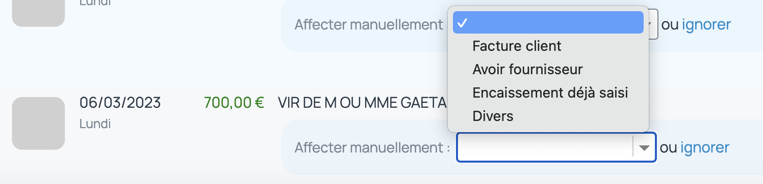 Désignation de la pièce à affecter (facture, avoir, encaissement) sur la ligne de relevés du type crédit