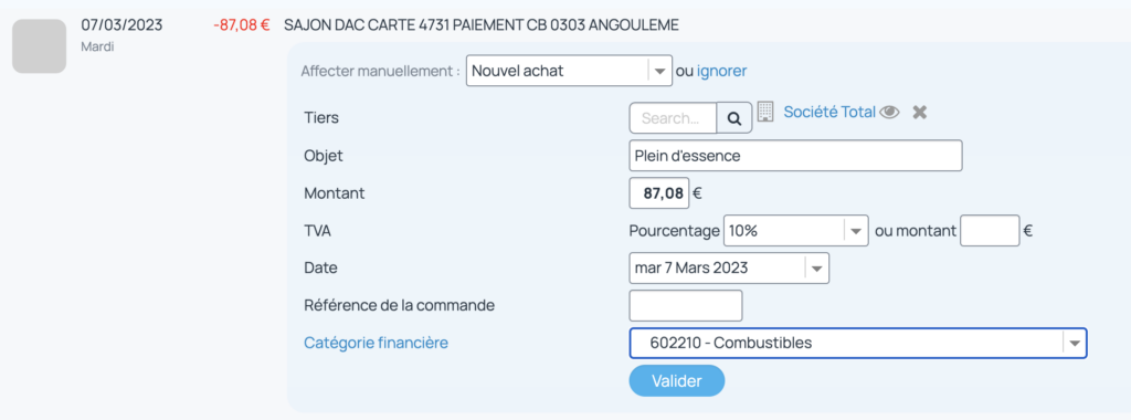 incwo permet d'ajouter un nouvel achat depuis le rapprochement bancaire en sélectionnant un nouvel achat dans le type d'objet à affecter