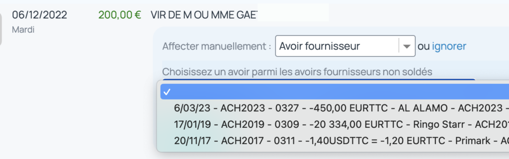Sélection de l'avoir fournisseur comme type de pièce pour l'affectation bancaire de la ligne de crédit