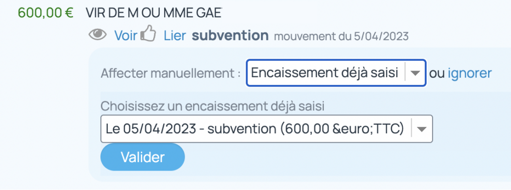 La ligne de relevés est liée à un encaissement déjà créé dans incwo