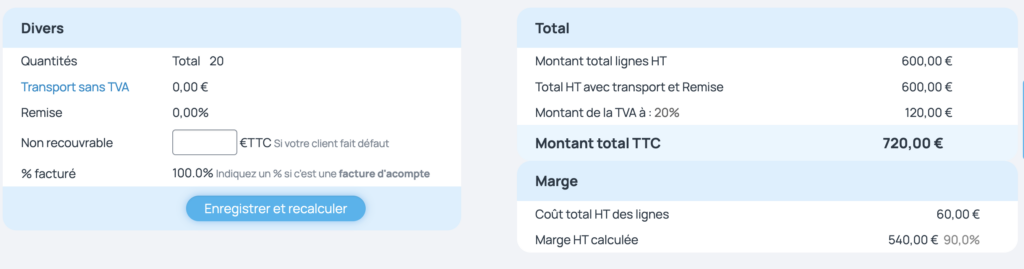 La facture impayée est en attente de paiement ou d'enregistrement du montant irrécouvrable dans le bloc Divers