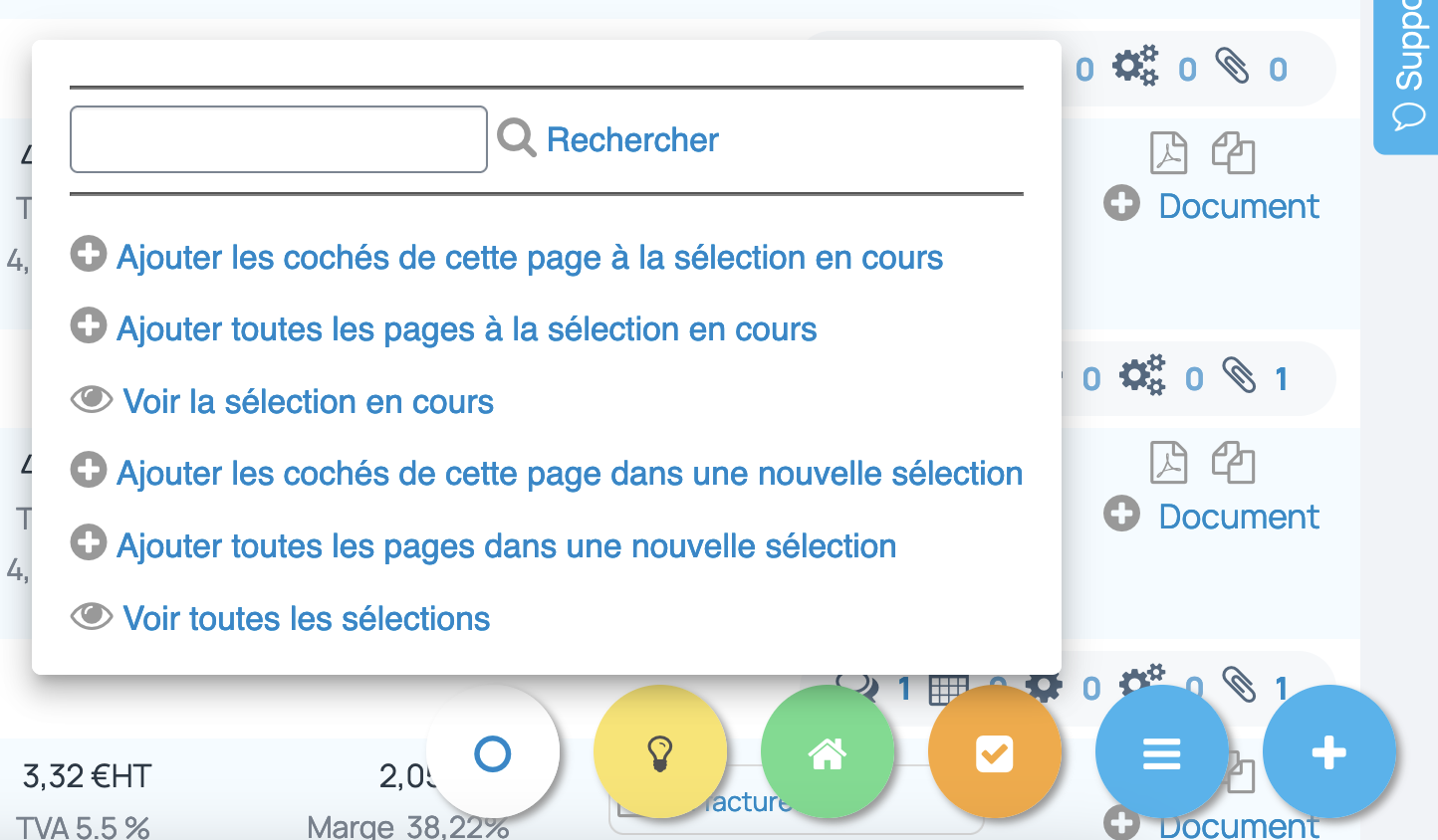 la constitution d'une nouvelle sélection, après avoir coché les articles se réalise via le bouton flottant orange en bas à droite