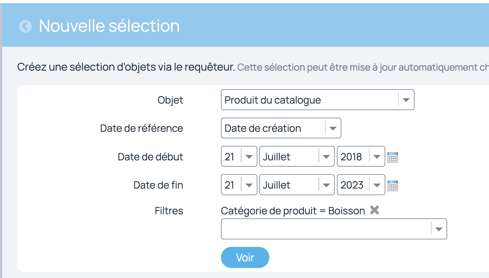 La création d'une nouvelle sélection peut passer par un requêteur qui retrouve les données en fonction de certains critères